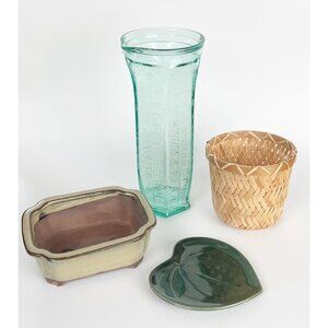 4 Piece Coastal Plant Lovers Bundle Eclectic Vase Pot Planter Leaf Ceramic Glass